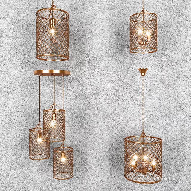 Metallic Grid Design Pendant Chandeliers With Brass Finish And Multiple Lights For Indoor Home Decor 3d model 