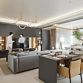 Modern Living and Dining Room Interior Design With Sofa Coffee Table Pendant Lights And Plants
