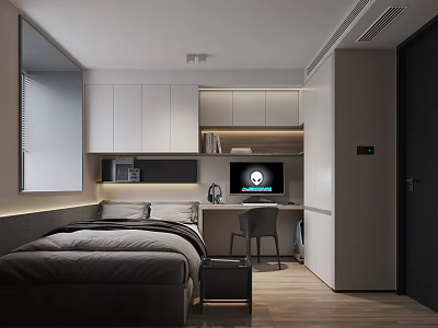 Modern Tatami Bedroom With Storage Cabinets Desk Computer And Wooden Flooring 3d model