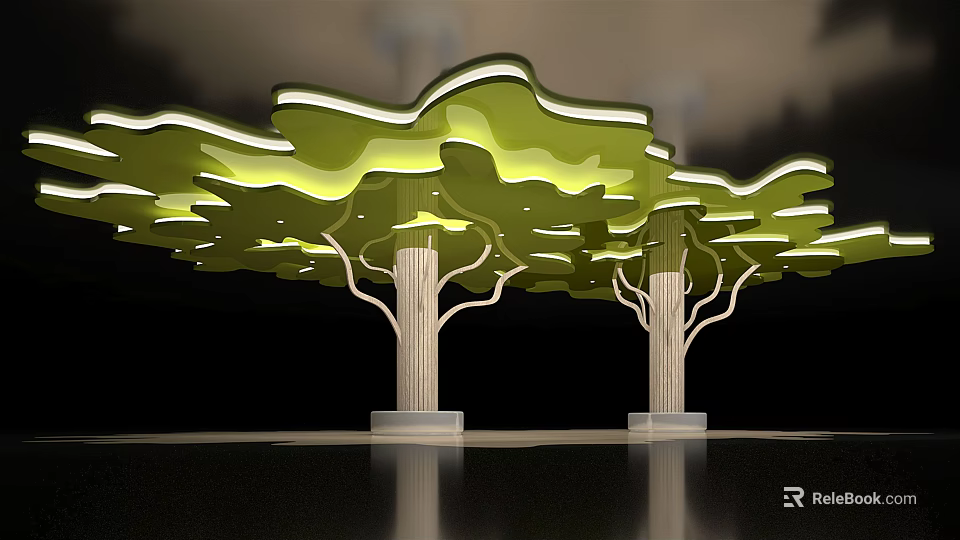 Tree Shaped Pergola Design With Green Canopy And Wooden Pillars 3d model 
