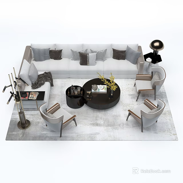 Modern Sofa and Coffee Table Set with Decorative Pillows Round Table and Accent Chairs 3d model