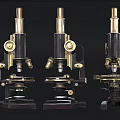 Three Vintage Medical Microscopes with Classic Brass and Black Medical Equipment Design