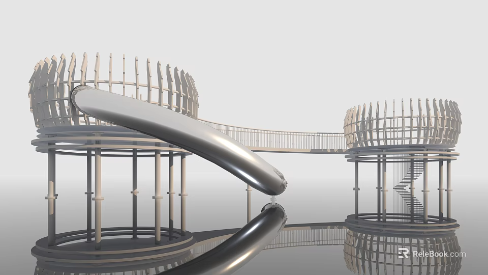 Modern Architectural Components Featuring Spiral Metal Structure Support Columns And Reflective Platforms 3d model