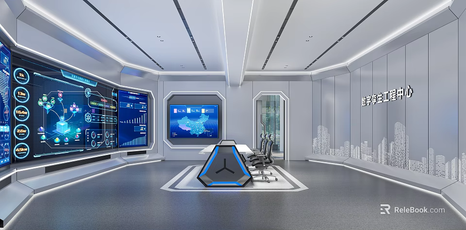 Futuristic Control Room Interior With Digital Screens Triangular Console Ergonomic Chairs And City Skyline Decor 3d model 