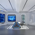 Futuristic Control Room Interior With Digital Screens Triangular Console Ergonomic Chairs And City Skyline Decor