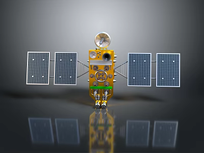 Yellow Spacecraft Model With Solar Panels Circular Antenna And Wheels On Reflective Surface 3d model