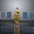 Yellow Spacecraft Model With Solar Panels Circular Antenna And Wheels On Reflective Surface 3d model