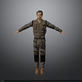 Man In Brown Utility Coverall Standing With Arms Outstretched On Gray Background