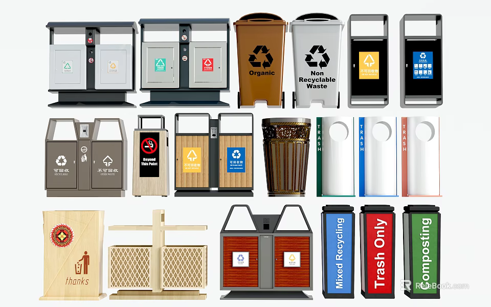 Public Facilities Different Types Of Waste Bins For Recycling And Trash 3d model 