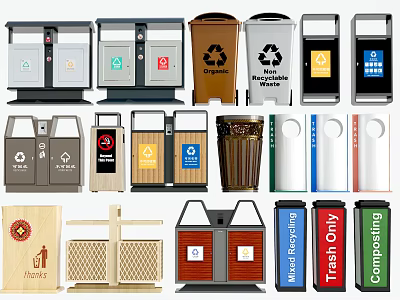 Public Facilities Different Types Of Waste Bins For Recycling And Trash 3d model