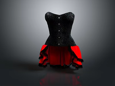 Women's Black Corset With Red Skirt Lace Details And Decorative Buttons For Daily Use 3d model