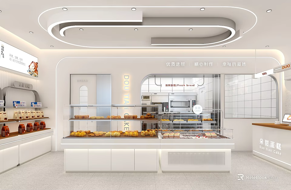 Modern Bakery Specialty Store With Fresh Bread Pastries And Glass Display Counters 3d model 