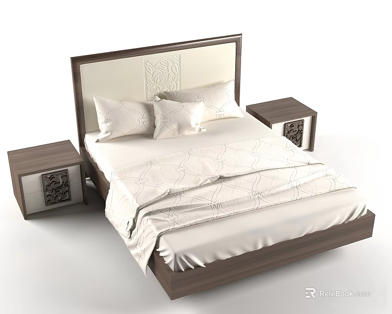 Modern Double Bed With Wooden Patterned Headboard White Bedspread And Decorative Nightstands 3d model