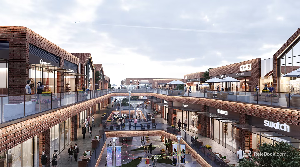 Vibrant Commercial Landscape With Multi Level Brick Buildings Retail Shops And Pedestrian Walkways 3d model 