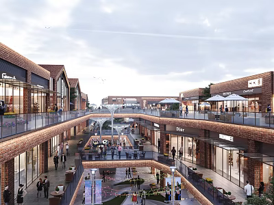 Vibrant Commercial Landscape With Multi Level Brick Buildings Retail Shops And Pedestrian Walkways 3d model