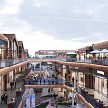 Vibrant Commercial Landscape With Multi Level Brick Buildings Retail Shops And Pedestrian Walkways