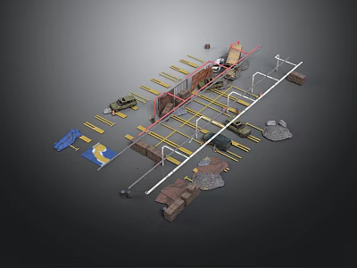 Construction Site Layout With Scaffolding Steel Reinforcement Tools And Concrete Blocks 3d model