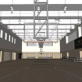Spacious Modern Basketball Gymnasium With Wooden Court Suspended Hoop Scoreboard Ceiling Lights And Side Windows