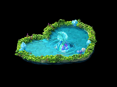 Heart Shaped Garden Landscape With Blue Pond Fountain And Green Plants 3d model
