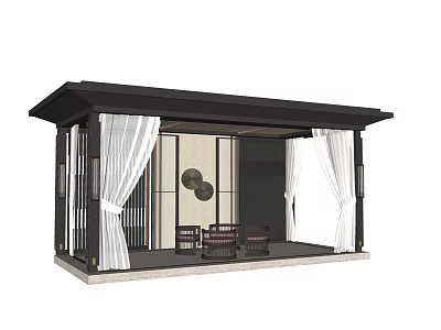 Modern Garden Pavilion With Black Roof White Curtains Interior Table Chairs And Circular Wall Decor 3d model