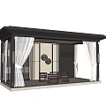 Modern Garden Pavilion With Black Roof White Curtains Interior Table Chairs And Circular Wall Decor