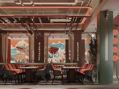 Traditional Chinese Restaurant Interior With Mural Paintings Red Lanterns And Wooden Dining Tables 3d model