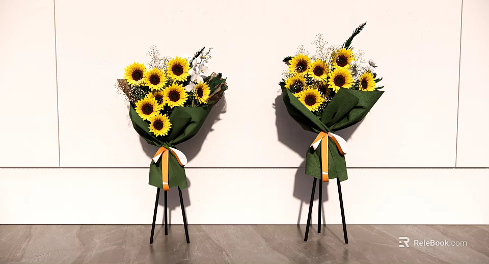 Floral Display With Sunflowers Green Wrapping And Orange White Ribbons On Black Tripods 3d model 