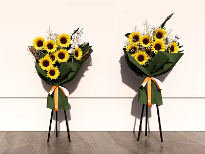 Floral Display With Sunflowers Green Wrapping And Orange White Ribbons On Black Tripods 3d model