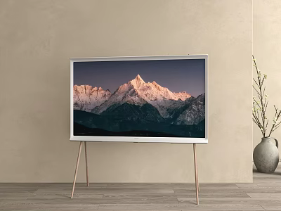 TV On Wooden Stand Against Beige Wall With Mountain View Screen And Side Vase 3d model