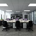 Public Office Space With Desks Computers Black Office Chairs Bookshelves Plants And Large Windows