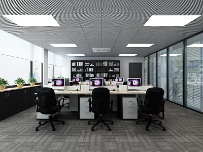 Public Office Space With Desks Computers Black Office Chairs Bookshelves Plants And Large Windows 3d model