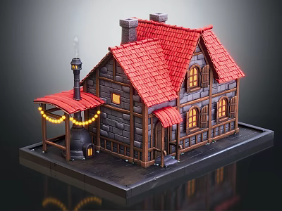 Cartoon Scene Featuring Charming House with Red Roof Stone Walls Wooden Structure Lanterns and Windows 3d model