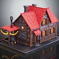 Cartoon Scene Featuring Charming House with Red Roof Stone Walls Wooden Structure Lanterns and Windows
