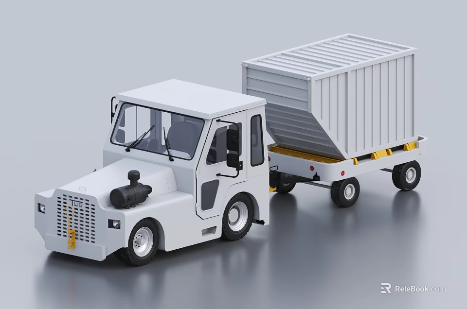 White Utility Vehicle With Container Trailer Cab Structure Yellow Hitch And Wheels 3d model 