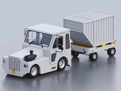 White Utility Vehicle With Container Trailer Cab Structure Yellow Hitch And Wheels 3d model