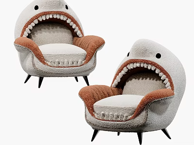 Two Shark Shaped Lounge Chairs With Open Mouth Sharp Teeth And Brown Armrests 3d model