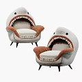 Two Shark Shaped Lounge Chairs With Open Mouth Sharp Teeth And Brown Armrests 3d model