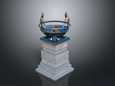 Decorative Layered Stone Pedestal Featuring Circular Top with Spikes and Orange Elements 3d model