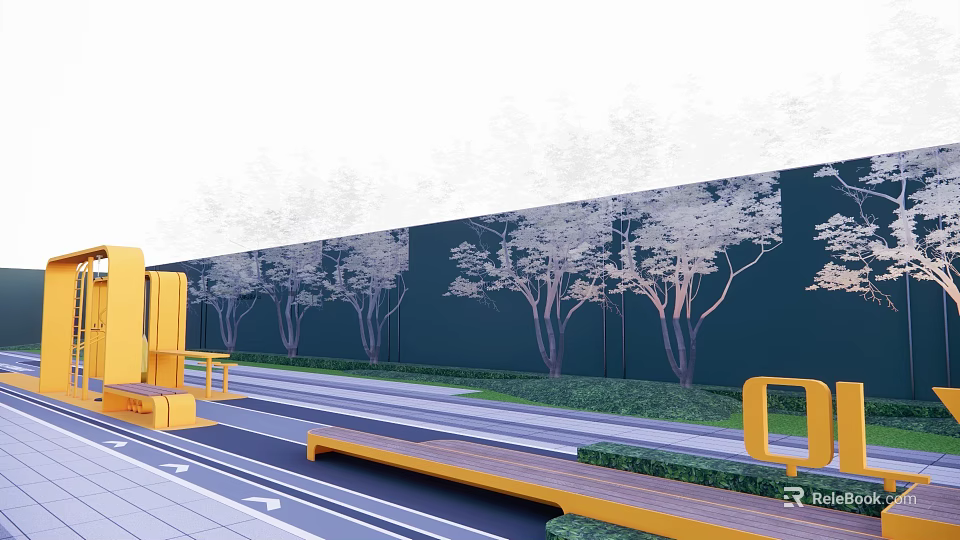 Outdoor Landscape With Green Wall White Tree Patterns Yellow Structures Pathway And Greenery 3d model 
