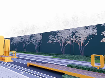 Outdoor Landscape With Green Wall White Tree Patterns Yellow Structures Pathway And Greenery 3d model