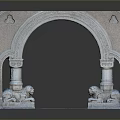 Scenic View Of Ancient Arch With Intricate Carvings Lion Statues And Stone Path