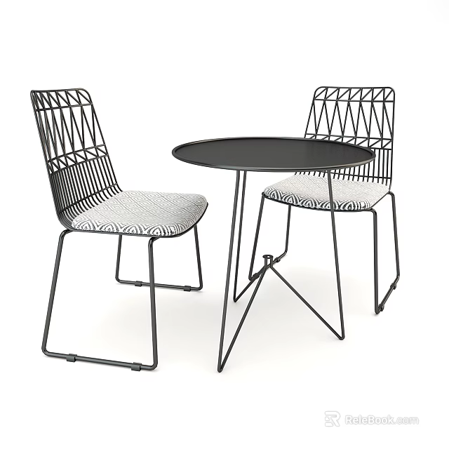 Modern Round Black Table with Geometric Metal Back Chairs and Patterned Seats 3d model
