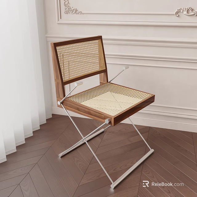Modern Single Chair With Wooden Frame Rattan Seat And Crossed Metal Legs 3d model 