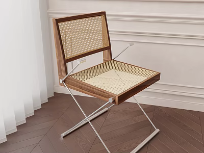 Modern Single Chair With Wooden Frame Rattan Seat And Crossed Metal Legs 3d model