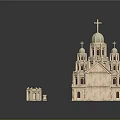 Ancient Church Style Architecture Model With Pink Exterior Green Roofs Domes Towers And Crosses