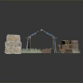 Rustic Storage Furniture With Wooden Crates Barrels And Blue Tent Near Stone Pile