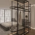 Modern Open Wardrobe With Black Metal Frame Glass Shelves And White Clothes In Bedroom