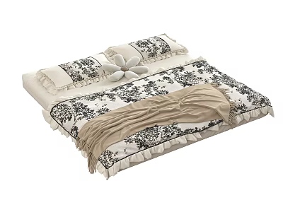 Cozy Bed with Black and White Floral Bedding Pillows and Beige Blanket 3d model