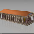 Ancient Greek Temple Building With Orange Roof Pink Columns And Gold Capitals