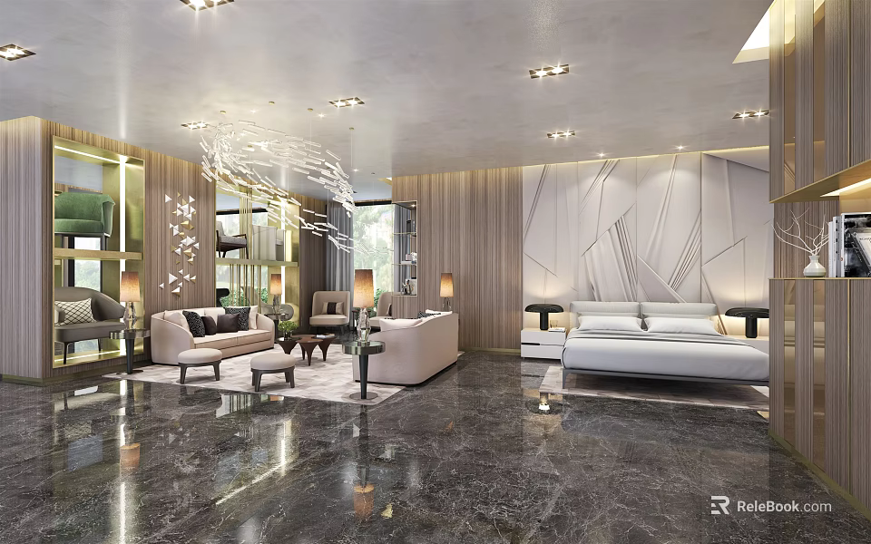 Modern Furniture Store Interior With Luxury Sofa Sets Coffee Table And Marble Flooring 3d model 